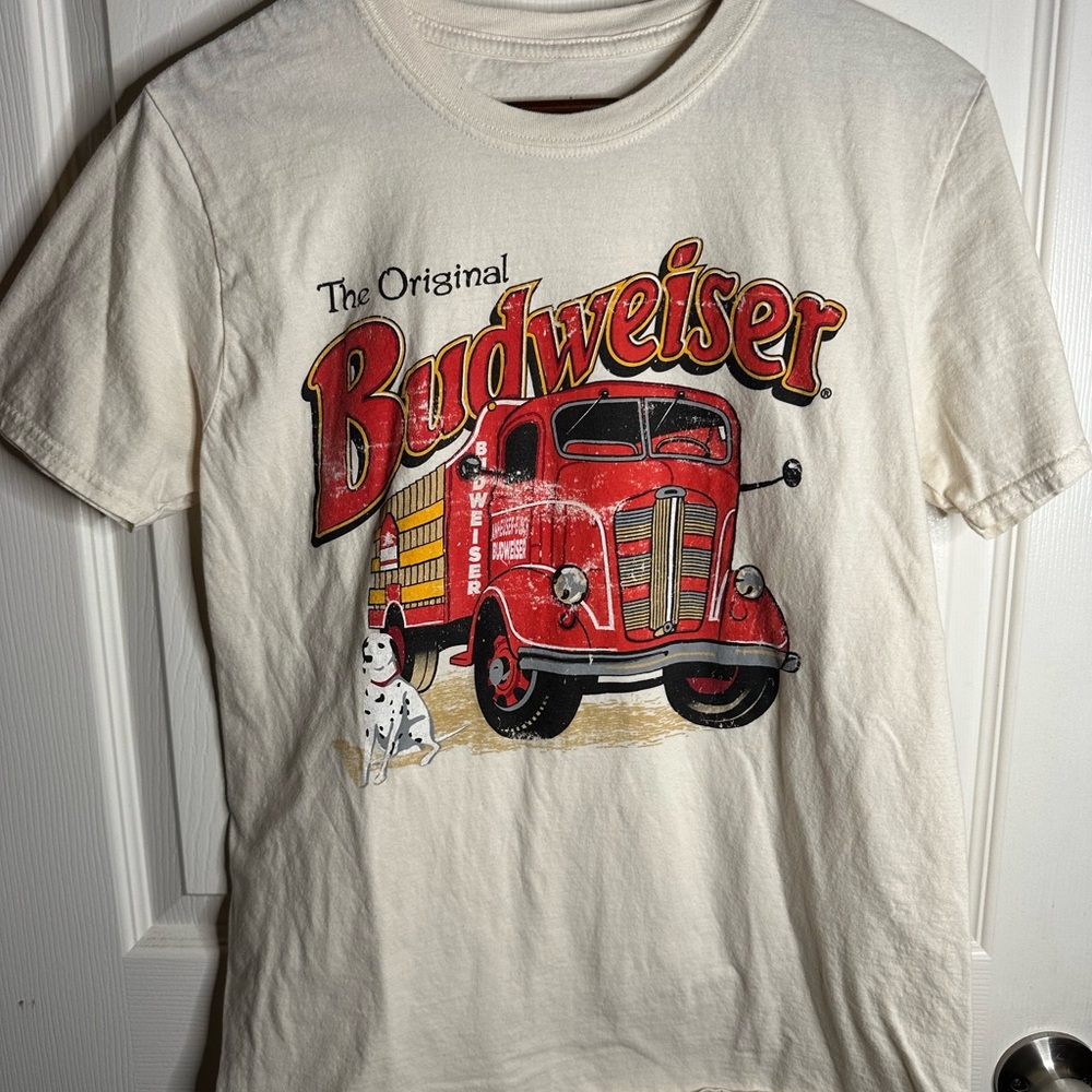 Budweiser White T-Shirt with Red and Yellow Graphic